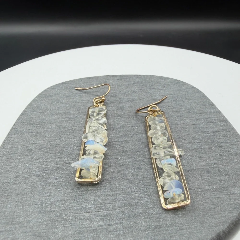Gold Tone Clear Crystal Iridescent Chip Bar Drop Earrings Boho Statement Gift